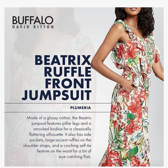 Buffalo NWT David Bitton Womens Ruffle cherry red Jumpsuit wide leg Plumeria - Picture 12 of 13